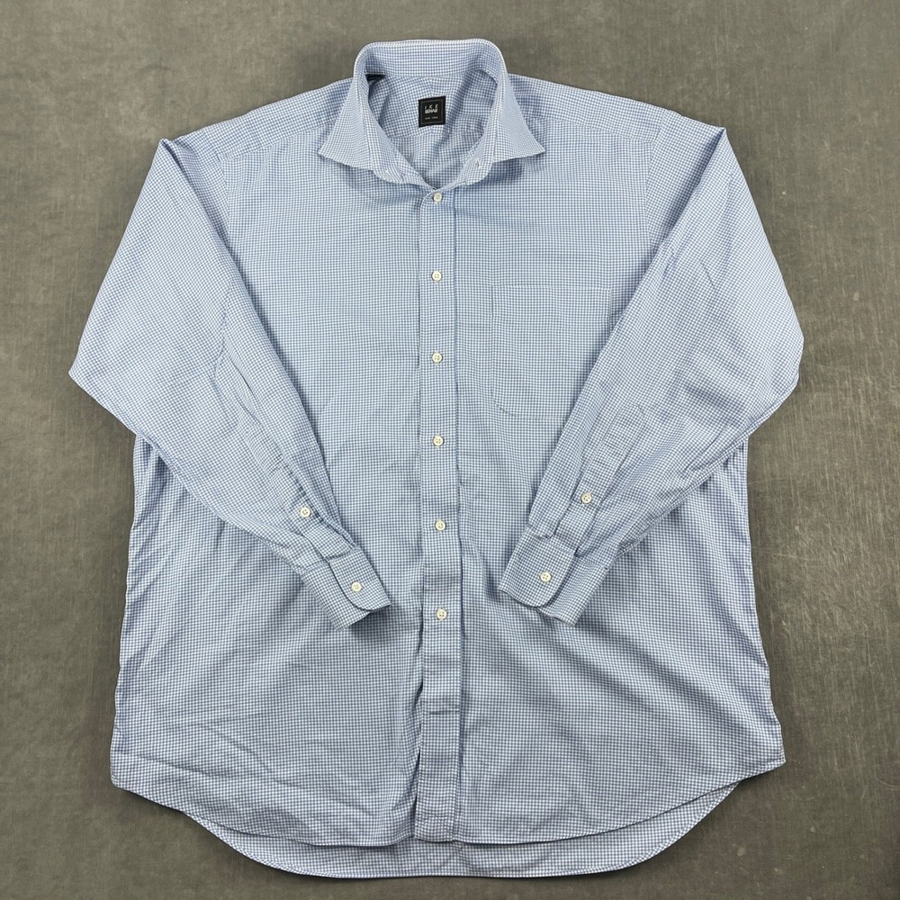 Ike Behar Mens 17-L Blue Gingham Button Down Shirt Long Sleeve Cotton